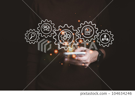 AI technology, Artificial Intelligence, Chatbot Chat and talk with AI, Using for search and find data by command prompt, robot learning machine create or generate picture or article auto 104634246