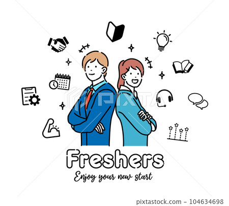 New employees, young male and female office workers (arms folded, confidence, motivation) vector illustration New employees, young male and female office workers (arms folded, confidence, motivation) vector illustration 104634698