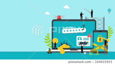 互聯網安全/網絡犯罪（黑客/信息洩露）矢量橫幅插圖 104635955