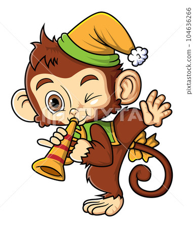Cute monkey playing the trumpet of illustration 104636266
