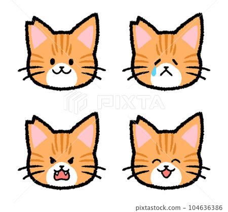 Facial expression set of a male brown tabby cat whose ears have been cut 104636386