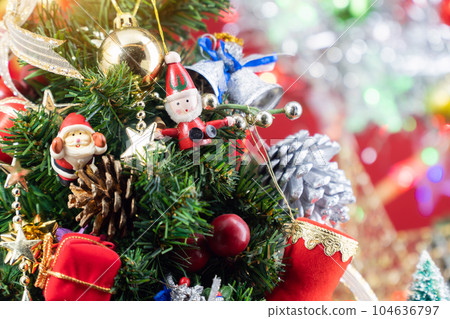 Christmas background with decorations and gift boxes on wooden Christmas background with decorations and gift boxes on wooden 104636797