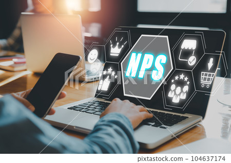 NPS, net promotor score concept, Person working on laptop computer and smart phone with net promotor score icon on virtual screen. 104637174