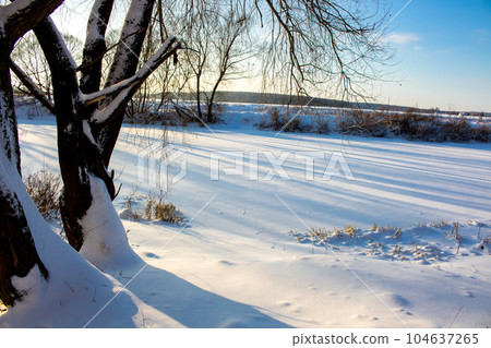 Panorama of a snow-covered river in a winter day 104637265