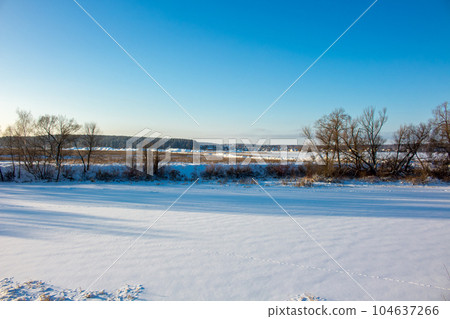 Panorama of a snow-covered river in a winter day 104637266
