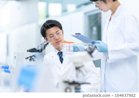Researchers having a meeting at the laboratory Researchers having a meeting at the laboratory 104637982