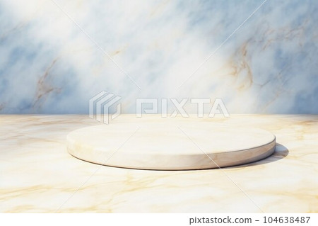 Abstract banner with light blue and gold marbled wall and white round display stand. AI generated image 104638487