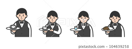 Illustration set of clerk men and women carrying drinks and food 104639258