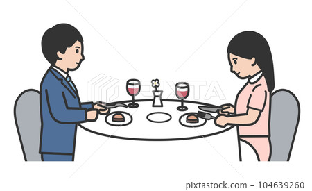 Illustration of men and women eating at a restaurant Illustration of men and women eating at a restaurant 104639260