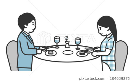 男人和女人在餐館吃飯的插圖 男人和女人在餐館吃飯的插圖 104639275