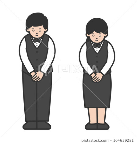 男女職員鞠躬的全身插圖 男女職員鞠躬的全身插圖 104639281