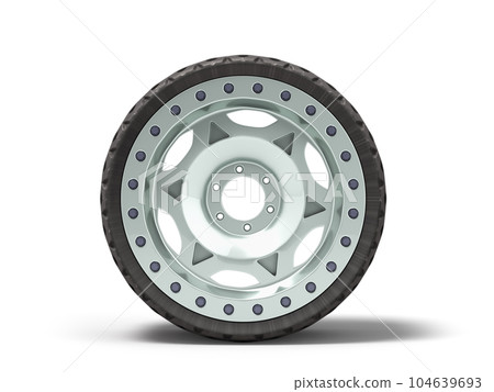tubeless tire on a steel car rim front view 3d render on white 104639693