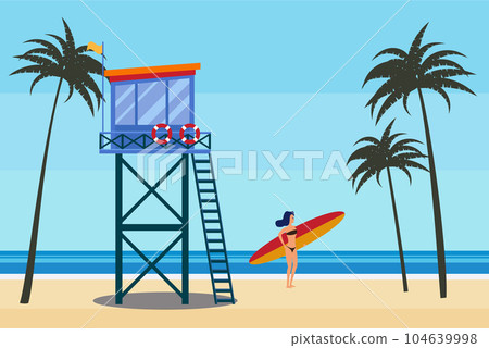Lifeguard station on the beach palms, surfer, coast ocean, sea. Summer tropical landscape, vector Lifeguard station on the beach palms, surfer, coast ocean, sea. Summer tropical landscape, vector 104639998