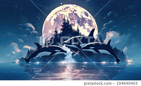 虎鯨跳躍和滿月海 虎鯨跳躍和滿月海 104640403