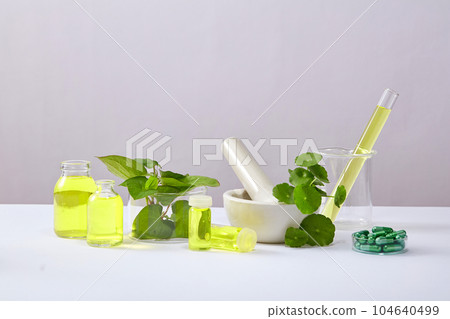 Small bowl of capsules displayed on white background with fresh fish mint leaves and some glassware containing yellow liquid. Production of cosmetics extracted from Fish mint (Houttuynia cordata) 104640499