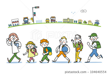 精力充沛的1至6年級小學生及學校路線設置插畫素材 精力充沛的1至6年級小學生及學校路線設置插畫素材 104640554