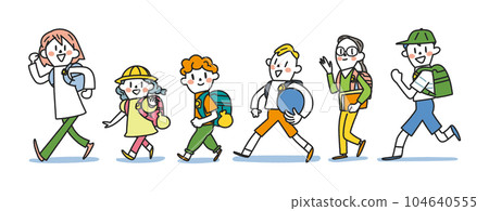 Energetic elementary school students from 1st grade to 6th grade set illustration material 104640555