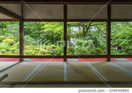 京都大原三千院 從接待大廳看到的清新綠色的秀碧園畫框花園 104640660