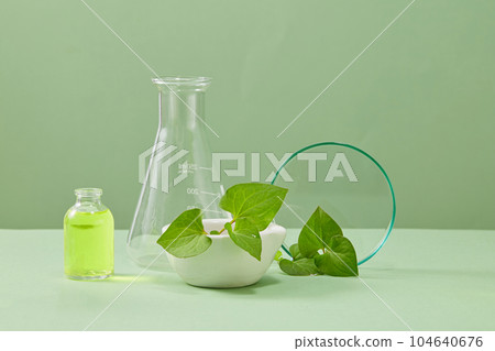 Fresh fish mint leaves decorated with lab glassware and jar of essence on green background.Scene for advertising cosmetic of natural extract with laboratory concept. Blank space for display 104640676
