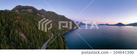 Sea to Sky Highway on Pacific Ocean West Coast. Aerial Panorama. 104641300