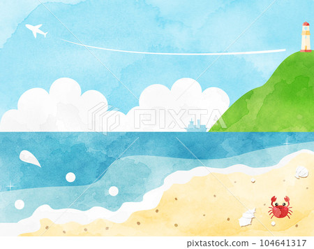 以水彩風格處理的海岸、大海和燈塔的插圖 104641317