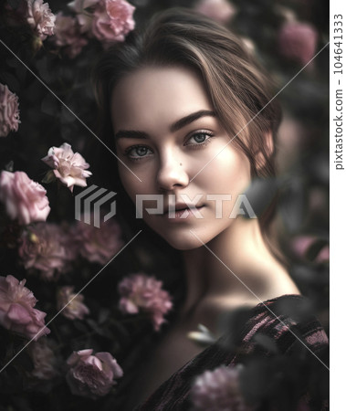Portrait of a dreamy young woman next to a blooming bush with wild roses, made with generative ai 104641333
