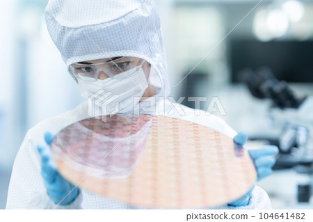Engineer inspecting wafers in clean room 104641482