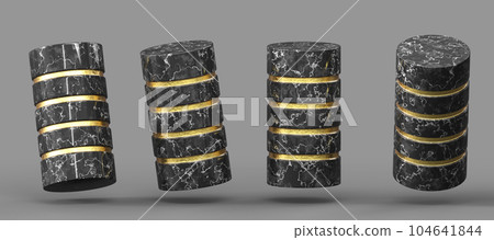 Black marble cylinder podium with gold stripes 3d render icons set. Luxury pillar pedestal, empty stone column platform, stand for product presentation, mockup display stage in museum. 3D illustration Black marble cylinder podium with gold stripes 3d render icons set. Luxury pillar pedestal, empty stone column platform, stand for product presentation, mockup display stage in museum. 3D illustration 104641844