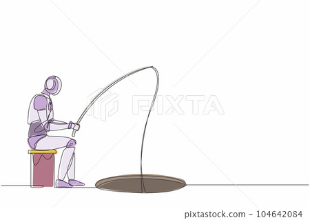Single continuous line drawing robot holding fishing rod from hole. Fishing with rod. Robotic artificial intelligence technology. Electronic technology. One line graphic design vector illustration Single continuous line drawing robot holding fishing rod from hole. Fishing with rod. Robotic artificial intelligence technology. Electronic technology. One line graphic design vector illustration 104642084