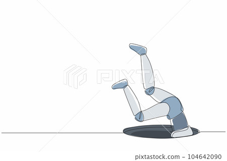 Single one line drawing robot falling into pit hole. Protruding legs from the hatch. Future technology. Artificial intelligence and machine learning. Continuous line draw design vector illustration Single one line drawing robot falling into pit hole. Protruding legs from the hatch. Future technology. Artificial intelligence and machine learning. Continuous line draw design vector illustration 104642090