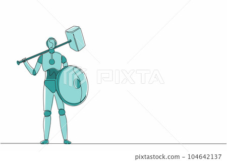 Single continuous line drawing robot standing holding hammer and shield. Modern robotics artificial intelligence technology. Electronic technology industry. One line graphic design vector illustration 104642137