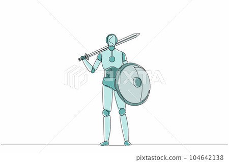 Single continuous line drawing robots standing holding sword and shield. Modern robotics artificial intelligence technology. Electronic technology industry. One line graphic design vector illustration Single continuous line drawing robots standing holding sword and shield. Modern robotics artificial intelligence technology. Electronic technology industry. One line graphic design vector illustration 104642138