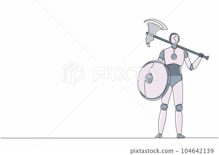 Single one line drawing robot standing holding axe and shield. Future technology development. Artificial intelligence machine learning process. Continuous line draw design graphic vector illustration 104642139
