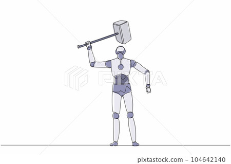 Single one line drawing robot standing and lifting up big hammer. Future technology development. Artificial intelligence machine learning process. Continuous line design graphic vector illustration Single one line drawing robot standing and lifting up big hammer. Future technology development. Artificial intelligence machine learning process. Continuous line design graphic vector illustration 104642140