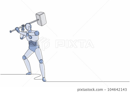 Continuous one line drawing robot standing and swinging big hammer gesture. Humanoid robot cybernetic organism. Future robotics development concept. Single line draw design vector graphic illustration 104642143