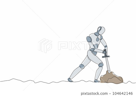 Single one line drawing robot tries to draw stuck excalibur sword from stone. Future technology. Artificial intelligence machine learning process. Continuous line design graphic vector illustration Single one line drawing robot tries to draw stuck excalibur sword from stone. Future technology. Artificial intelligence machine learning process. Continuous line design graphic vector illustration 104642146