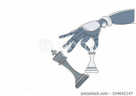 Continuous one line drawing robot hand holding chess pawn to take down chess king. Checkmate. Humanoid robot cybernetic organism. Future robotics development concept. Single line design vector graphic 104642147