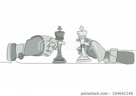 Single continuous line drawing robots hands holding king chess piece and the other hand too. Robotics artificial intelligence. Electronic technology industry. One line draw design vector illustration Single continuous line drawing robots hands holding king chess piece and the other hand too. Robotics artificial intelligence. Electronic technology industry. One line draw design vector illustration 104642148