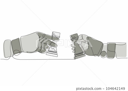 Single one line drawing robot hands holding rook chess piece and the other hand too. Future technology. Artificial intelligence and machine learning process. Continuous line draw design graphic vector Single one line drawing robot hands holding rook chess piece and the other hand too. Future technology. Artificial intelligence and machine learning process. Continuous line draw design graphic vector 104642149