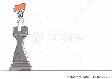 Single one line drawing robot standing on top of big rook chess and waving flag. Future technology development. Artificial intelligence machine learning process. Continuous line design graphic vector 104642170