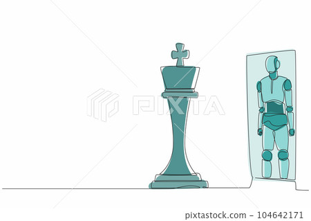 Single continuous line drawing robots standing in front of mirror, reflecting chess king. Modern robotics artificial intelligence. Electronic technology industry. One line draw graphic design vector 104642171