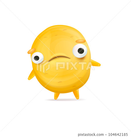 Vector cartoon funny yellow alien monster isolated on white background. Sad silly yellow monster print sticker design template. Cute sad Ghost, troll, gremlin, goblin, devil and halloween monster 104642185