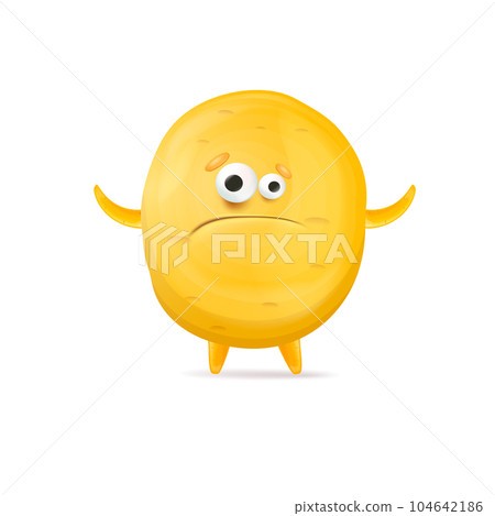 Vector cartoon funny yellow alien monster isolated on white background. Sad silly yellow monster print sticker design template. Cute sad Ghost, troll, gremlin, goblin, devil and halloween monster 104642186