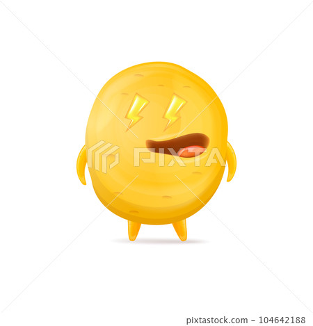 Vector cartoon funny yellow alien monster isolated on white background. Smiling silly yellow monster print sticker design template. Cute Ghost, troll, gremlin, goblin, devil and halloween monster 104642188