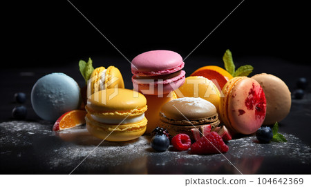 colored macaroon with raspberries on a black background yellow pink blue colored macaroon with raspberries on a black background yellow pink blue 104642369