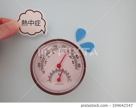 Speech bubble on thermo-hygrometer, character of heat stroke Speech bubble on thermo-hygrometer, character of heat stroke 104642547