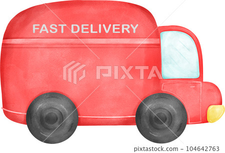 Cute Red Post Car Delivery, Adorable Cartoon Illustration watercolour hand drawing 104642763