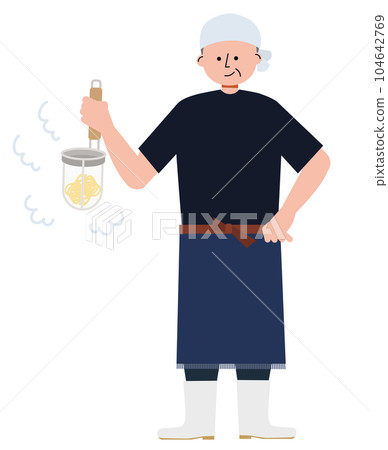 Illustration of a male ramen shop owner draining hot water from ramen 104642769