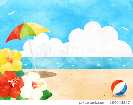 夏季海灘與木槿、大海和雷雨雲的插圖，水彩版本 104643267