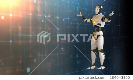 Futuristic world robots are running. Presentation of technology with robots. 3d rendering action of robot. Futuristic world robots are running. Presentation of technology with robots. 3d rendering action of robot. 104643300
